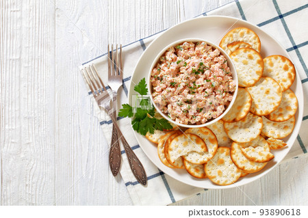 classic ham salad with crackers on white plate 93890618