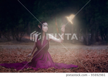 Fairytale elven princess with a magic bird in a dark forest. 93892981