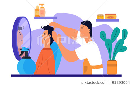 Hairdresser doing hair business fashion banner. Hair work and character hairstyle and haircut vector illustration. Barber salon and hairdressing for client man. Cartoon barbershop hairstylist mirror 93893004