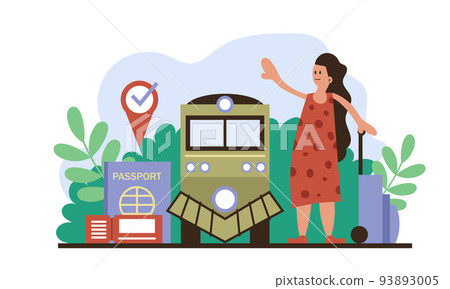Railway booking train and business woman travel banner. Family vacation and tourism ticket service vector illustration. Rail holiday and transportation journey. Passenger purchase tour and boarding 93893005