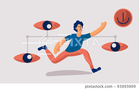 Internet surveillance and man run from technology. Datum security protection and control privacy vector illustration. Camera system secure person and cyberspace eye monitoring. Online spying social Internet surveillance and man run from technology. Datum security protection and control privacy vector illustration. Camera system secure person and cyberspace eye monitoring. Online spying social 93893009