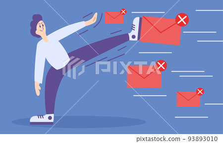 Man stop spam and internet mail protection. People security message and warning email vector illustration. Red web envelope and virus correspondence website. Advertisement rejection online and junk Man stop spam and internet mail protection. People security message and warning email vector illustration. Red web envelope and virus correspondence website. Advertisement rejection online and junk 93893010