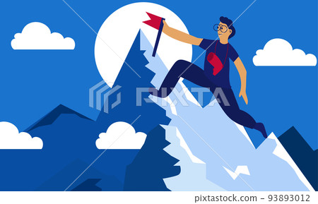 Success mountain goal with flag and man. Businessman achieve top hill and career climber vector illustration. Leadership finance challenge and target business freedom for peak. Motivation growth Success mountain goal with flag and man. Businessman achieve top hill and career climber vector illustration. Leadership finance challenge and target business freedom for peak. Motivation growth 93893012