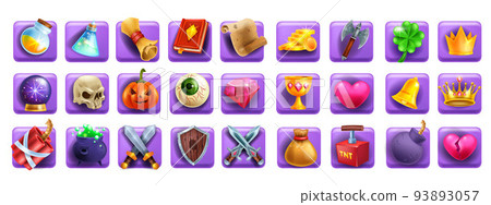 3D game icon set, slot machine cartoon element, magic UI badge kit, golden coin, witch potion, book 93893057