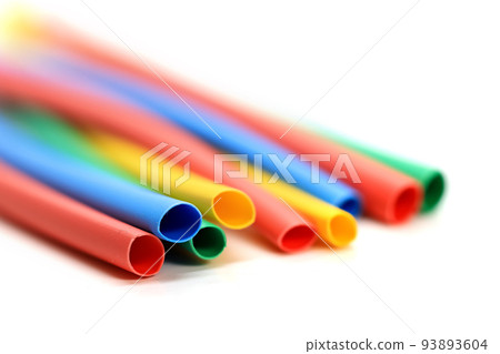 Close up view of colorful electrical cable sleeves. 93893604