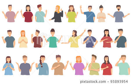 People talking with hand gesture icons set cartoon vector. People say. Deaf loss People talking with hand gesture icons set cartoon vector. People say. Deaf loss 93893954