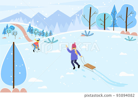 Winter Landscape and Child with Sledges Outdoors 93894082