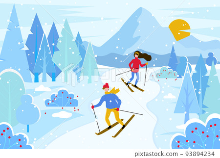 People Skiing in Resort, Winter Landscape Vector People Skiing in Resort, Winter Landscape Vector 93894234