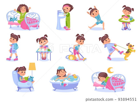Funny girl daily routine. Everyday kids activities. Little child awakening and doing exercises. Hygiene and studying. Domestic pastime. Teen eating lunch or walking dog. Splendid vector set 93894551