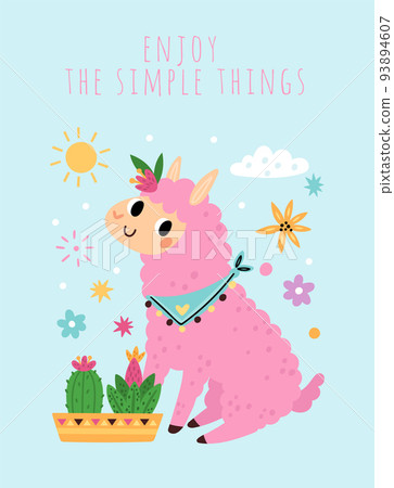 Cute llama. Holiday greeting card. Funny pink alpacas with cactuses. Motivational inscription. Peru baby animal. Happy lama character. Floral elements. Vector cartoon childish poster 93894607