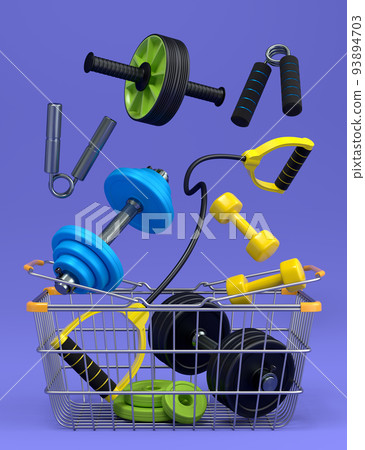 Sport equipment for fitness, gym, crossfit in shopping basket on violet background. 3d render of power lifting and fitness concept 93894703