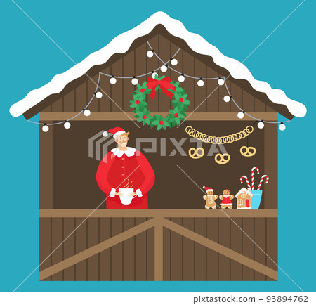 Christmas Market Kiosk with Seller and Food Vector 93894762