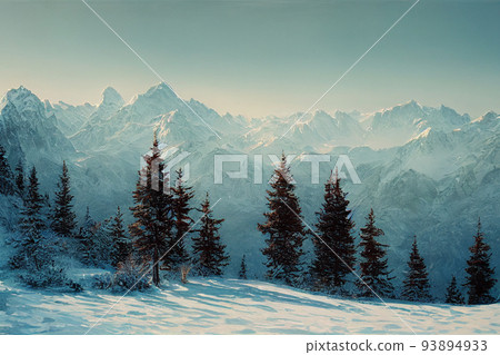Landscape beautiful winter misty mountains. Pine trees on hill. 93894933