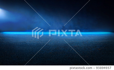 Dark asphalt neon blue light reflections of rays. Abstract dark blue background, smoke, fog. Empty dark template scene. Dark asphalt neon blue light reflections of rays. Abstract dark blue background, smoke, fog. Empty dark template scene. 93894937