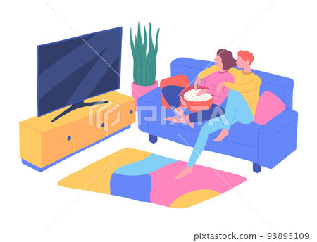 Cartoon Color Characters Young Couple Watching Tv Concept Flat Design Style. Vector illustration of Man and Woman Sitting Together on Couch watch Television 93895109