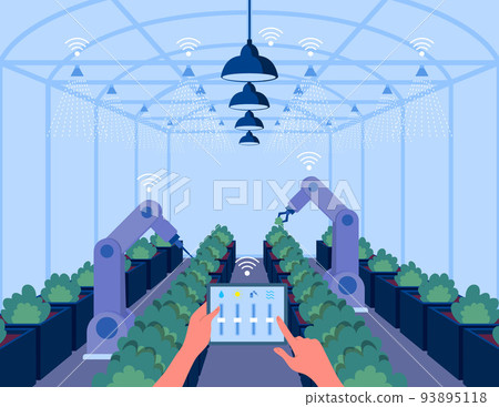 Cartoon Color Smart Greenhouse Hitech Concept Using Tablet to Control Temperature, Humidity and Light Flat Design Style. Vector illustration of Agricultural Technology Cartoon Color Smart Greenhouse Hitech Concept Using Tablet to Control Temperature, Humidity and Light Flat Design Style. Vector illustration of Agricultural Technology 93895118