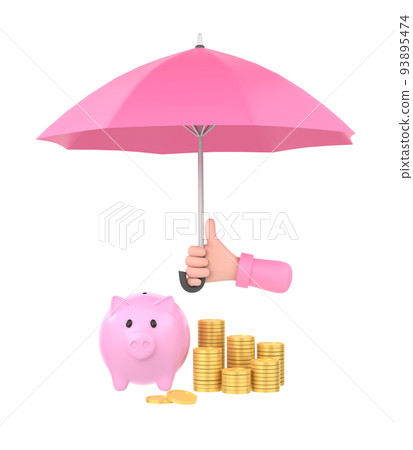 3D. Cartoon hand holding pink umbrella to protect money. illustration for savings concept. 3D. Cartoon hand holding pink umbrella to protect money. illustration for savings concept. 93895474