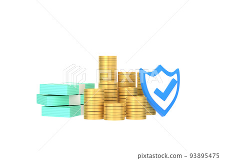 3D. Protection shield icon with coins, banknote, financial saving insurance. 93895475