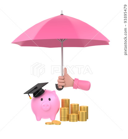 3D. Cartoon hand holding pink umbrella to protect piggy bank and money. education plan concept. 93895479