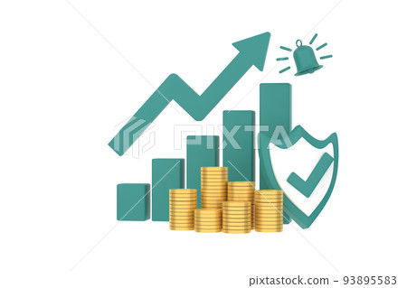 3D. green rising arrow, profit bar graph and shield with multiple arrangements of coins. 3D. green rising arrow, profit bar graph and shield with multiple arrangements of coins. 93895583