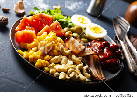 salad with vegetables boiled eggs and bacon salad with vegetables boiled eggs and bacon 93895823