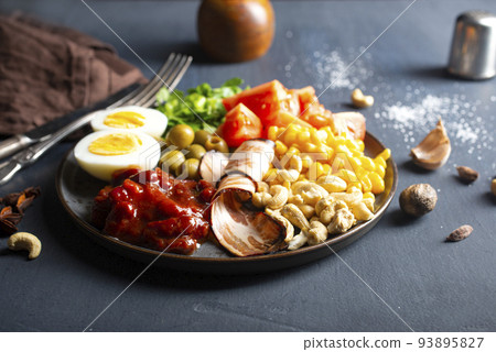 salad with vegetables boiled eggs and bacon salad with vegetables boiled eggs and bacon 93895827