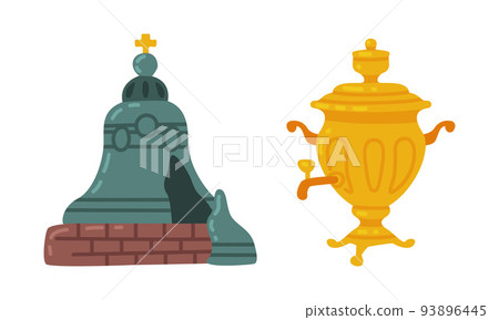 Huge Tsar Bell and Samovar Metal Pot as Russian Symbol Vector Set 93896445