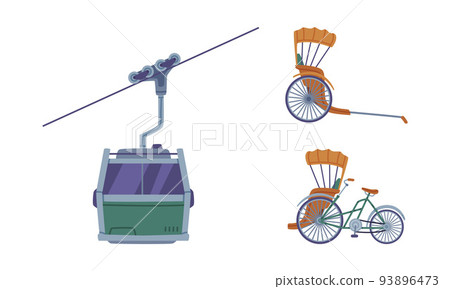 Chinese Funicular as Cable Railway on Steep Slope and Rickshaw Cycle Vector Set 93896473