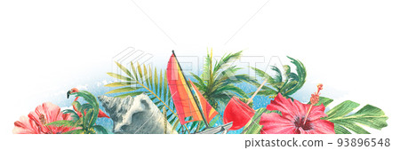 Horizontal frame with tropical plants and flowers, pink flamingo, beach bar, yacht and sunglasses. Watercolor illustration. A board from a large set of CUBA. For decoration and design of beach. 93896548