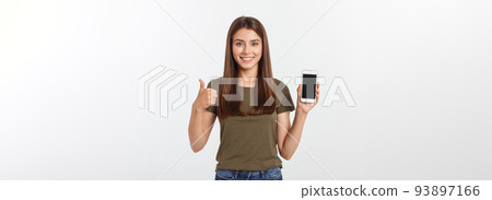 Girl Holding Smart Phone - Beautiful smiling girl holding a smart phone 93897166