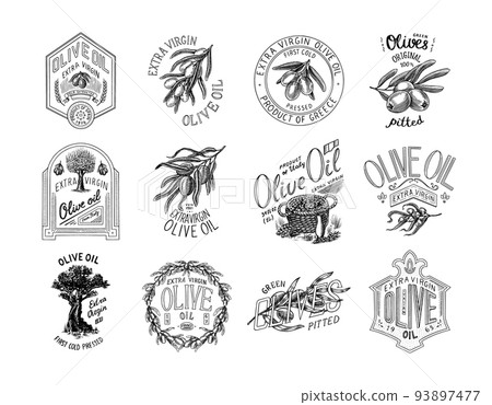 Set of Olive oil and branch of trees logo. Organic vegetarian product in bottle. Green plant badge Set of Olive oil and branch of trees logo. Organic vegetarian product in bottle. Green plant badge 93897477