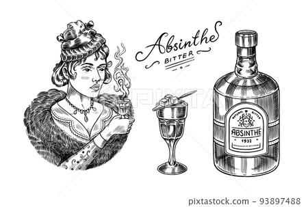 Absinthe label badge. Bottle and Shot glass. Victorian woman holding a toast drink. Strong Alcohol Absinthe label badge. Bottle and Shot glass. Victorian woman holding a toast drink. Strong Alcohol 93897488