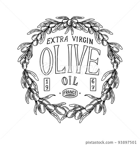 Olive oil and branch of trees logo. Organic vegetarian product in bottle. Green plant badge emblem Olive oil and branch of trees logo. Organic vegetarian product in bottle. Green plant badge emblem 93897501