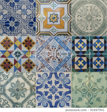 Collage of different colorful pattern ceramic tiles from facade of old houses in Lisbon Portugal. Set of portuguese traditional Azulejos decorative artistic design background, creative texture surface 93897941