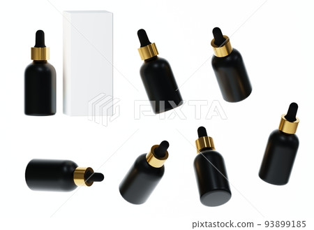 Seven different views of glossy white plastic serum bottle with cap 3D render, cosmetic product packaging isolated on white background 93899185
