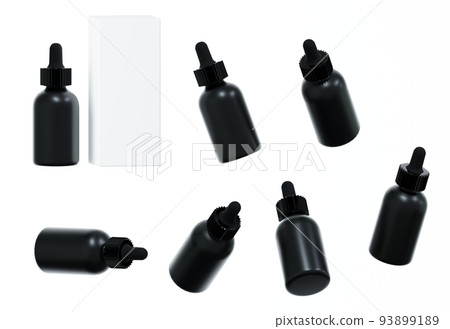 Seven different views of glossy white plastic serum bottle with cap 3D render, cosmetic product packaging isolated on white background 93899189