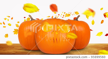 Scary Halloween pumpkin with eyes glowing inside on wooden background 93899560
