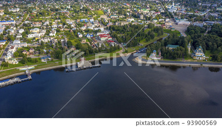 Uglich, Russia. Historic city center, view from the Volga river, aerial drone Uglich, Russia. Historic city center, view from the Volga river, aerial drone 93900569