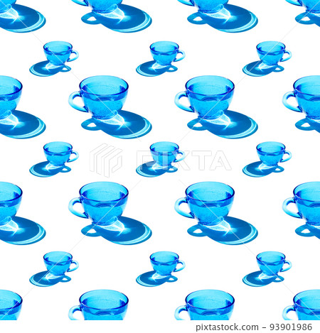 Bright seamless pattern made with blue glass of water with sharp strong shadow isolated on white, as a backdrop or texture. Creative layout for your design 93901986