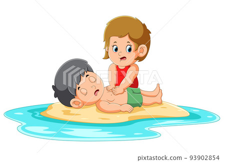 The girl is pumping boy's heart to save him on the beach The girl is pumping boy's heart to save him on the beach 93902854