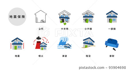 Earthquake insurance house damage flat color icon set Earthquake insurance house damage flat color icon set 93904698