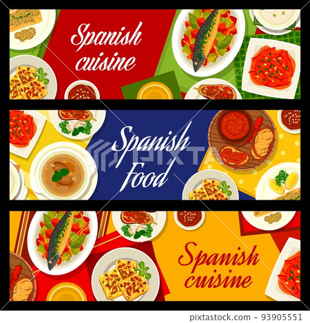 Spanish cuisine restaurant banners with meals. Garlic Sopa de Ajo and chorizo sausage soup, tomato cheese spread, stuffed eggplants and mackerel Escabeche, roasted peppers, cod fish Tapas and tortilla Spanish cuisine restaurant banners with meals. Garlic Sopa de Ajo and chorizo sausage soup, tomato cheese spread, stuffed eggplants and mackerel Escabeche, roasted peppers, cod fish Tapas and tortilla 93905551
