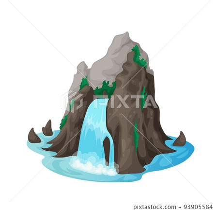 Isolated river water cascade, cartoon mountain waterfall. Falling from cliff blue aqua cascade. Natural water waterfall game asset or travel vector background with mountain peak, moss on rocks 93905584