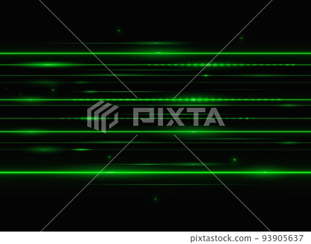 Green laser beam lights. Vector horizontal lens flare lines. Glowing rays on black background. Luminous abstract sparkling streaks, energy motion, magic burst, security technology Green laser beam lights. Vector horizontal lens flare lines. Glowing rays on black background. Luminous abstract sparkling streaks, energy motion, magic burst, security technology 93905637