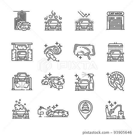 Car care icons, car wash service or wax polish, carwash vector outline symbols. Car care line icons of automobile varnishing, scratch restoration, vehicle refurbish and maintenance service 93905646