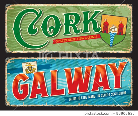 Cork, Galway city plates and travel stickers. Ireland regions vector vintage banners with Irish heraldic symbolic, coat of arms, sea waves. Touristic grunge signs, postcards, scratchy boards, plaques Cork, Galway city plates and travel stickers. Ireland regions vector vintage banners with Irish heraldic symbolic, coat of arms, sea waves. Touristic grunge signs, postcards, scratchy boards, plaques 93905653