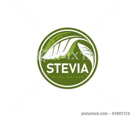 Stevia leaves icon. Natural food sweetener round sticker or stamp, stevia product vector label. Healthy and eco product or supplement, stevia leaves extract sweetener icon or tag 93905728