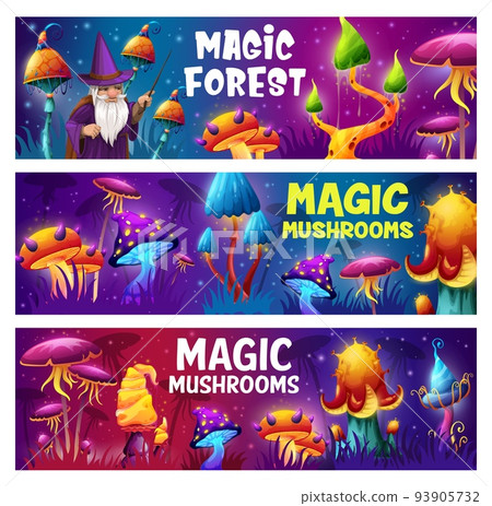 Magic mushrooms and wizard in fantasy forest. Cartoon vector banners with old sorcerer and magic fungi in fairy wood. Cards with strange unusual fairytale plants, alien nature and magician with wand 93905732
