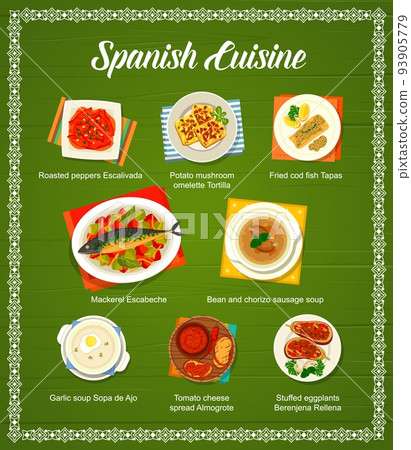 Spanish cuisine menu cover page. Roasted peppers Escalivada, mushroom omelette Tortilla and tapas, mackerel Escabeche, stuffed eggplants, chorizo sausage and garlic soups, tomato cheese spread Spanish cuisine menu cover page. Roasted peppers Escalivada, mushroom omelette Tortilla and tapas, mackerel Escabeche, stuffed eggplants, chorizo sausage and garlic soups, tomato cheese spread 93905779