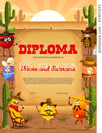 Kids diploma. Wild West cartoon fruit cowboy, ranger, sheriff and robber characters vector certificate. Graduation diploma with mango and kiwi, apple, lemon, plum and banana personages in Texas desert 93905843